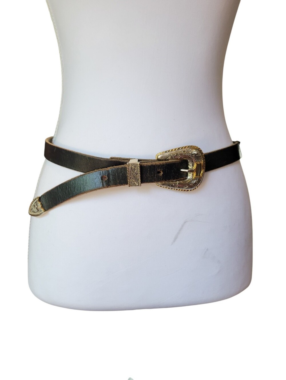 Vintage Western Leather Belt with Ornate Silver & Gold Tone Etched Buckle - Picture 2 of 8